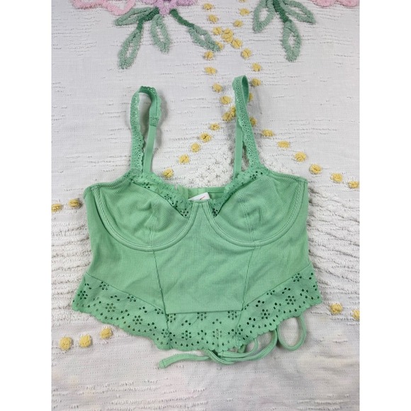 Colsie Corset Crop Top Green Ribbed Eyelet Lace Up Tie Back Adjustable Strap S - Picture 4 of 11